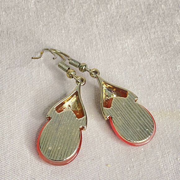 Dangle Drop Earrings Striated Pink Teardrop Stones With Silver Tone Caps - Picture 6 of 8